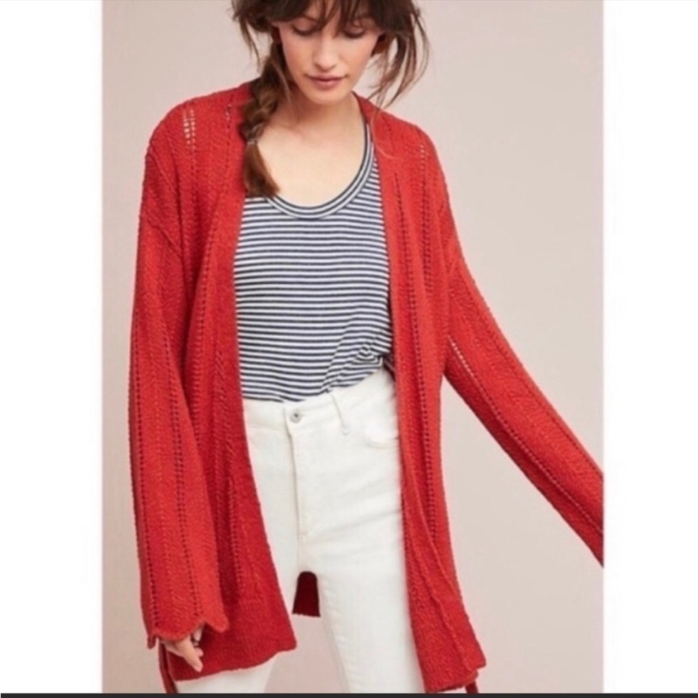 Anthropologie Meadow Rue cardigan herringbone belted knitting sweater rust Sz XS